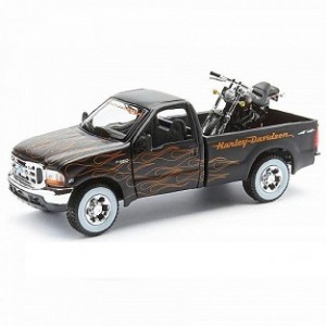 Автомобиль Maisto 1:24 HD Ford F-350 Супердьюти пикап [1999] с мотоциклом  (32181) black/orange