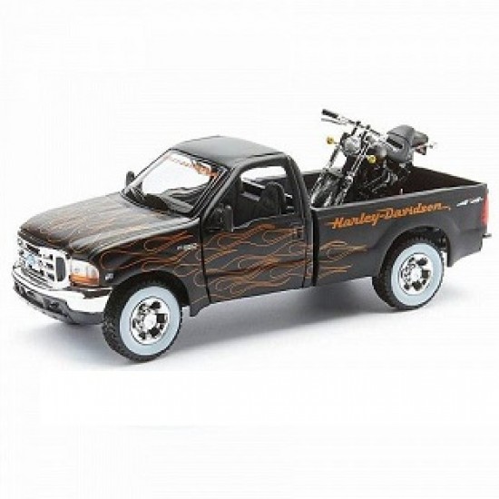 Автомобиль Maisto 1:24 HD Ford F-350 Супердьюти пикап [1999] с мотоциклом  (32181) black/orange