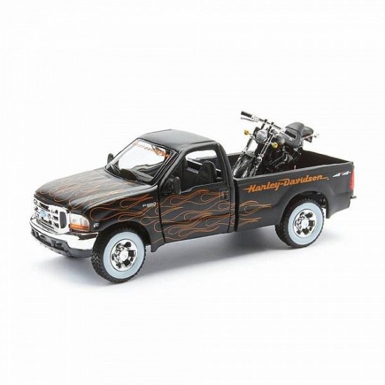 Автомобиль Maisto 1:24 HD Ford F-350 Супердьюти пикап [1999] с мотоциклом  (32181) black/orange