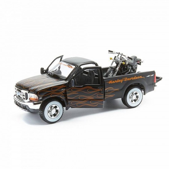 Автомобиль Maisto 1:24 HD Ford F-350 Супердьюти пикап [1999] с мотоциклом  (32181) black/orange