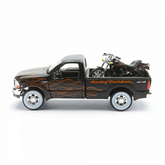 Автомобиль Maisto 1:24 HD Ford F-350 Супердьюти пикап [1999] с мотоциклом  (32181) black/orange