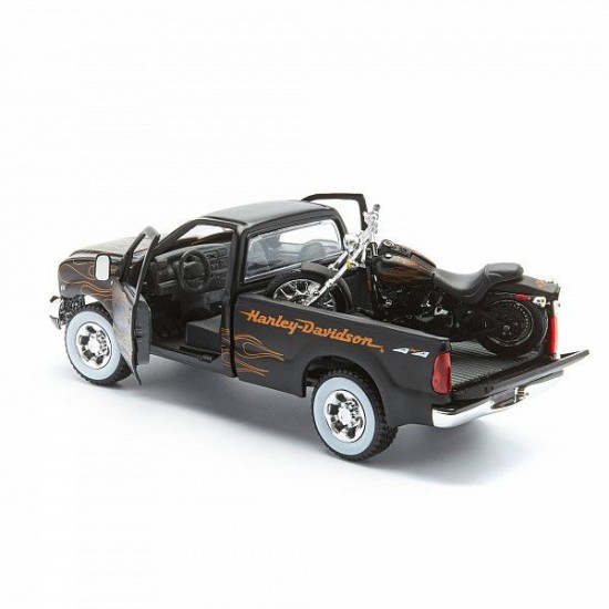 Автомобиль Maisto 1:24 HD Ford F-350 Супердьюти пикап [1999] с мотоциклом  (32181) black/orange