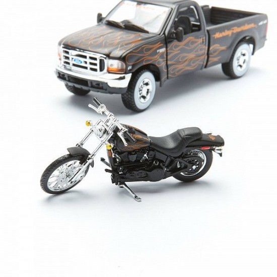 Автомобиль Maisto 1:24 HD Ford F-350 Супердьюти пикап [1999] с мотоциклом  (32181) black/orange
