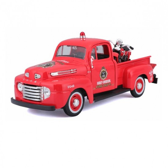 Автомобиль Maisto 1:24 HD Ford F-1 Пикап [1948] "Пожарная" с мотоциклом  (32191)