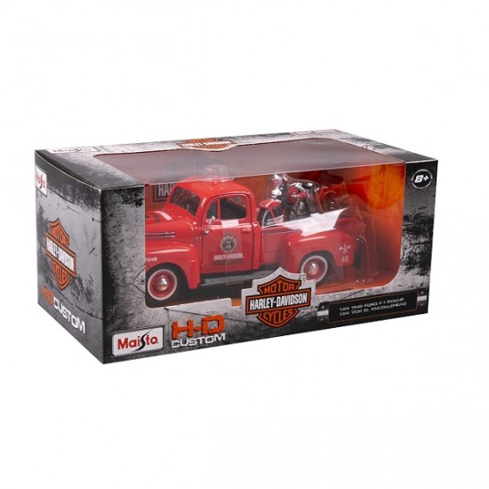 Автомобиль Maisto 1:24 HD Ford F-1 Пикап [1948] "Пожарная" с мотоциклом  (32191)