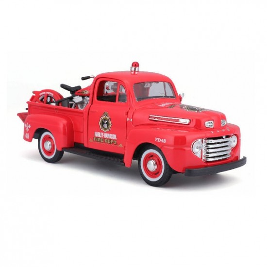Автомобиль Maisto 1:24 HD Ford F-1 Пикап [1948] "Пожарная" с мотоциклом  (32191)