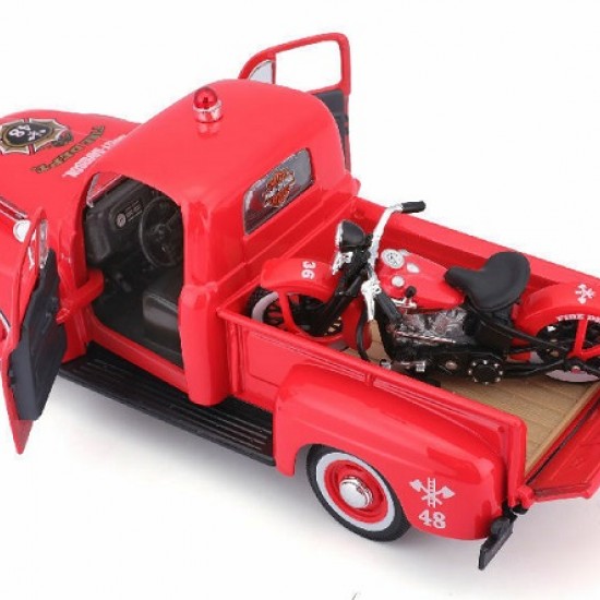 Автомобиль Maisto 1:24 HD Ford F-1 Пикап [1948] "Пожарная" с мотоциклом  (32191)