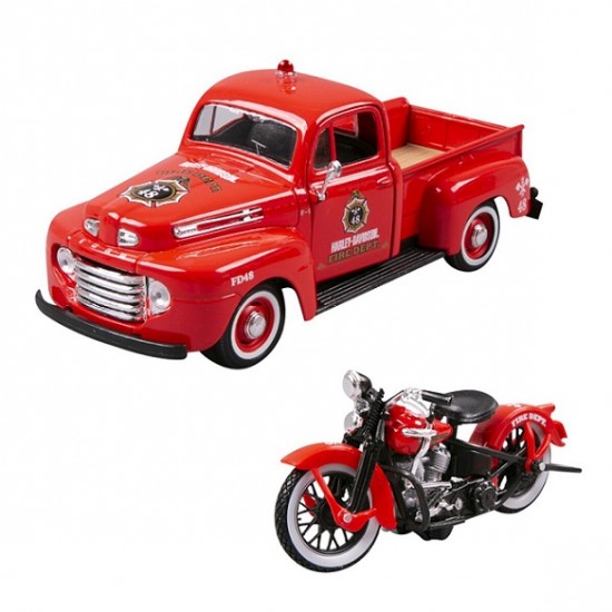 Автомобиль Maisto 1:24 HD Ford F-1 Пикап [1948] "Пожарная" с мотоциклом  (32191)